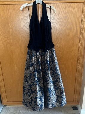 90s Jessica McClintock formal dress with a blue velvet halter top